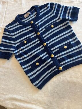 🔥🔥J. Crew Navy and Light Blue Striped Short Sleeve Cardigan with Gold Buttons